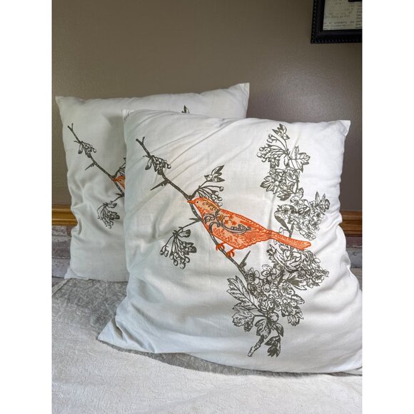 Set Of 2 Vintage Bird Embroidered Throw Pillows Nature-Themed  Orange Gray - Picture 3 of 15